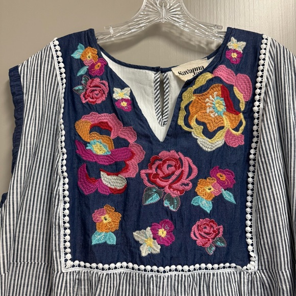 Savannah‎ Jane Floral Embroidered Blue Striped Sleeveless V-Neck Tunic Dress 2X - Picture 3 of 10